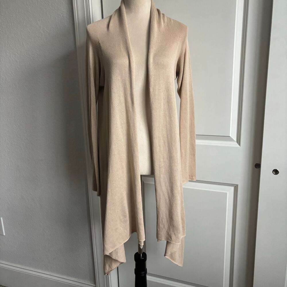 Wooden Ships Open Front Cardigan Tan Beige Drape Hem Lightweight S/M